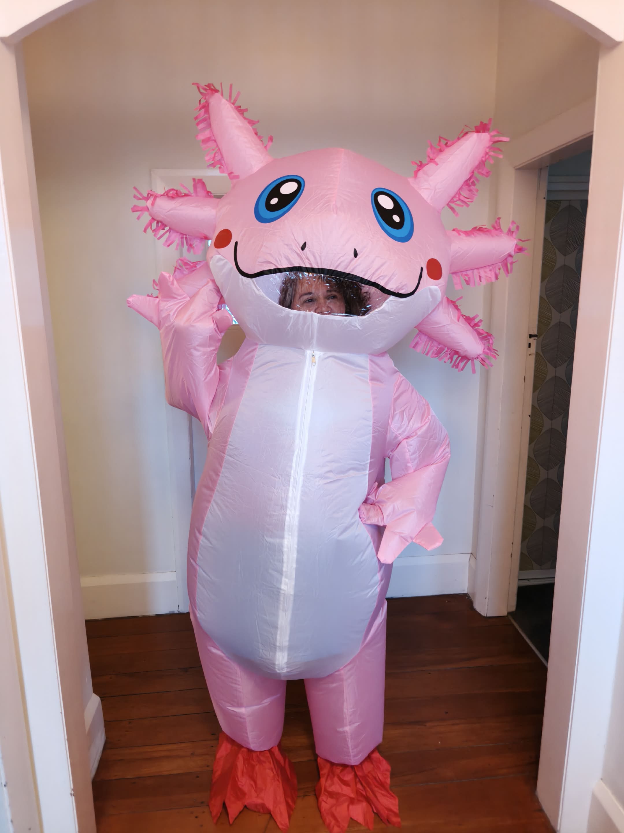 Moata in a inflatable pink axolotl outfit, you can see her face through the axolotl transparent mouth. It's extremely cute.