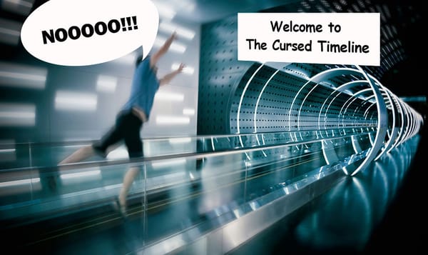 A blurry man moving towards a portal that has a sign saying "Welcome to The Cursed Timeline"