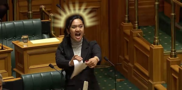 A photo of Hana-Rawhiti Maipi-Clarke ripping up a copy of the Treaty Principles with a glowing starburst behind her head.